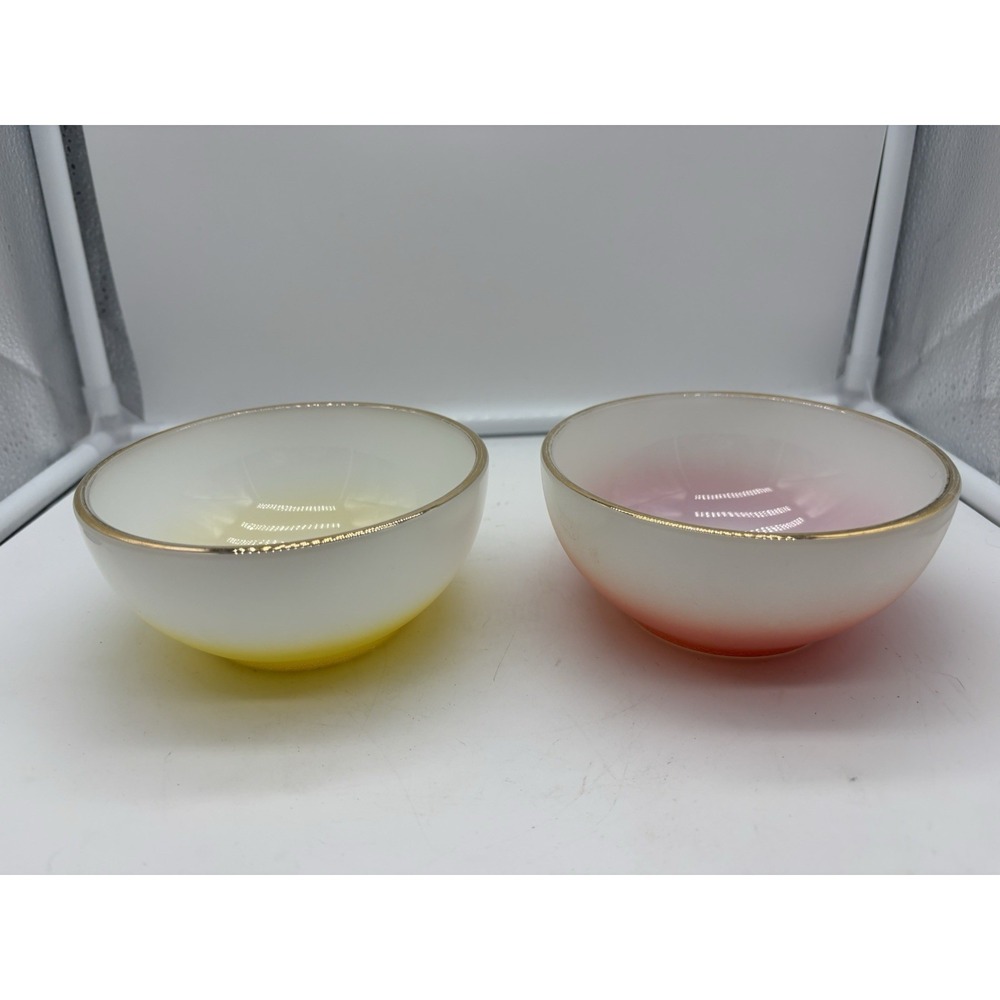 Fire King milk glass bowls:white to pink ombre fade yellow ombre with gold rim